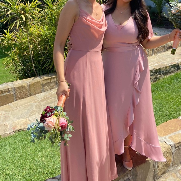 HEMMED David's Bridal Desert Coral Cowl Neck Chiffon Dress - Picture 1 of 4